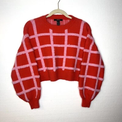 Forever 21 Orange Pink Checked Cropped Balloon Sleeve Sweater size medium - Imagem 1 de 4