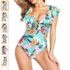 NWT Tropical Swim Suit Ruffle Flattering ONE PIECE Tie Up Full Coverage - Picture 1 of 4