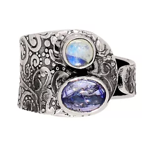 Anillo de plata 925 de cristal de tanzanita natural y piedra lunar arco iris s.9 CR64978 - Imagen 1 de 1