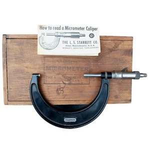 Vintage Starrett Outside Micrometer Caliper 3 inch 4" Wood Box 436 Instructions - Picture 1 of 12