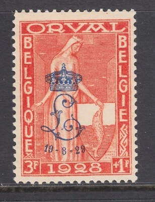 Belgium Mi 241I, Sc B75, VLH. 1929 2fr+1fr Orval with blue Monogram & Crown ovpt - Image 1 of 2
