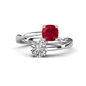 Cushion Created Ruby & Round Moissanite 2 ctw Promise Ring 14K Gold JP:317696