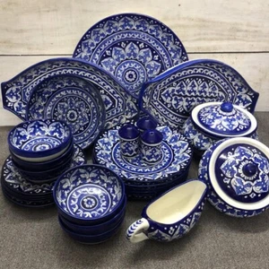 12-Piece Handmade Stoneware Ceramic Dinnerware Serving Set for 4 Blue Pottery - Picture 1 of 2