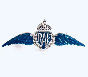 Sterling Silver Blue Enamel Kings Crown Wings RAF Forces Sweetheart Brooch Badge - Picture 1 of 7