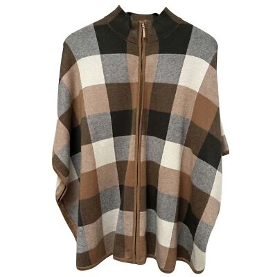TAHARI Poncho Sweater S/M Zip Front Tan Olive Plaid Mock Neck Cape - Image 1 of 4