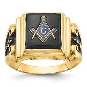14K Yellow Gold Polished and Textured with Black Enamel and Onyx Masonic Ring - Picture 1 of 9