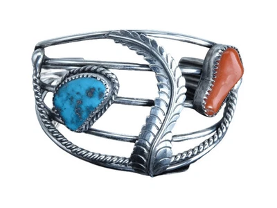 7" Vintage Navajo Sterling Turquoise and Coral Cuff bracelet - Image 1 of 4