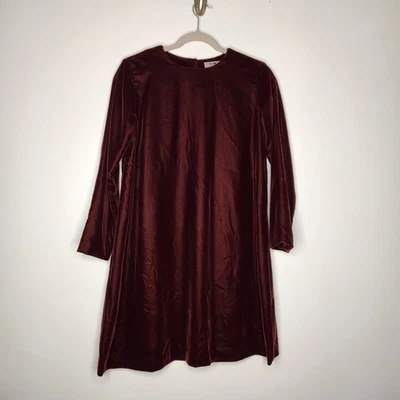 Vintage 90s AKA Eddie Bauer Brown Velvet Long Sleeve Minimalist Dress Petite 4 - Image 1 of 4