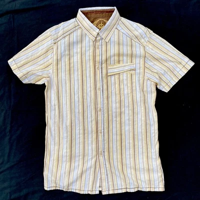 Prana Men's M Yellow & Brown Striped SS BF Cotton Shirt SUPER NICE - Image 1 of 4