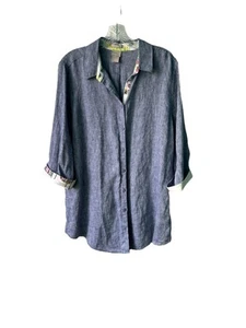 CHICO'S Womens Blouse Blue White 100% Linen Buttoned 3/4 Sleeve, Size 2 - Picture 1 of 17