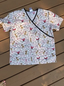 Rudolph the Red Nosed Reindeer Holiday Scrub Top w/ Santa Size M Christmas - Picture 1 of 8