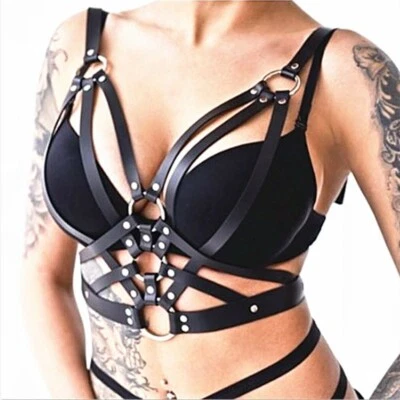 Womens Sexy Black Faux Leather Chest Harness Cage BDSM Fantasy Bondage 4556 - Image 1 of 4