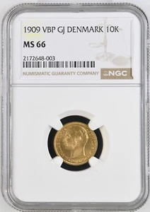 MS66 NGC Verified 1909 VBP  Gold Coin of Denmark,  10 Kroner - Picture 1 of 2