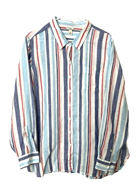 LL Bean Plus Size 2X Linen Blouse Top Button Front Shirt Striped Tunic L.L. Bean - Image 1 of 4