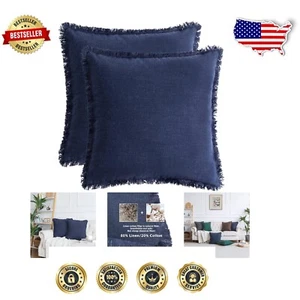 Durable Navy Blue Linens with Tassel Fringe - Decorative Pillow Covers Set of 2 - Picture 1 of 8