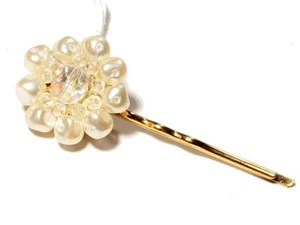 Vintage Czech gold tone hair clip barette pearl crystal faceted glass beads - Picture 1 of 2