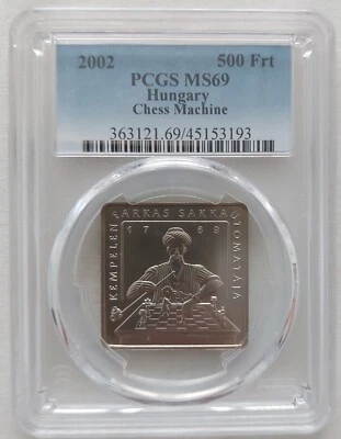 HUNGARY SQUARE 500 FORINT BU COIN 2002 KM#764 CHESS MACHINE PCGS MS69 TOP POP🥇 - Image 1 of 2