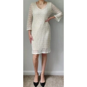 Boston Proper Ivory Lace Knee Length Sheath Dress M Bell Sleeves - Picture 1 of 10