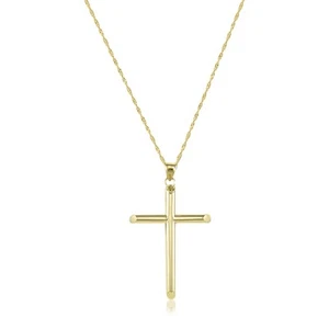 14K Yellow Gold Cross Pendant Singapore Chain Necklace Set -Polished Plain Charm - Picture 1 of 4