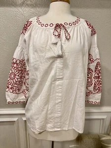 NWT RD & KoKo Boho Peasant Blouse Shirt Top Medium Red White Eyelet Embroidered - Picture 1 of 6