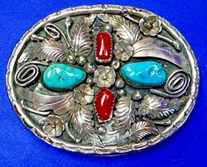 Ornate Native Turquoise & Coral Stone Belt Buckle Signed Andre's Nickel Silver - Imagen 1 de 16