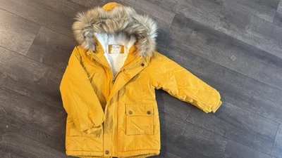 PZPCBML Kids Yellow Parka Coat Sherpa Lined Faux Fur Hood Size 120 Winter Jacket — 第 1/3 张图片