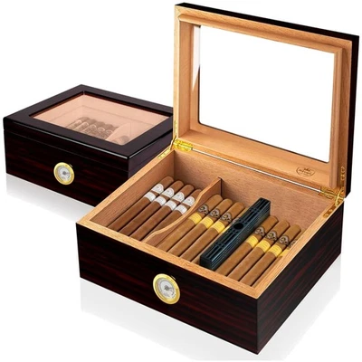 Zigarren Humidor, Zeder, Zigarrenbox, Befeuchter, Hygrometer, Geschenk, Schwarz - Bild 1 von 4