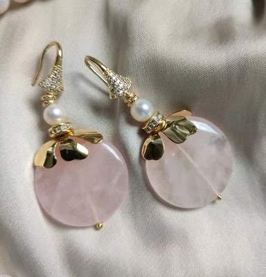 Festliche Ohrringe Mit Rosenquarz Und Süßwasser Perlen, 18K Vergoldet - Bild 1 von 3