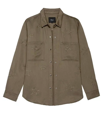 RAILS $166 Marcel Embroidered Stars Shirt Olive Army Green Linen Tencel Size M - Image 1 of 4
