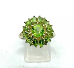 Sterling Silver Gilt Green Peridot Cluster Cocktail Ring Size R1/2 (US (9) - Picture 1 of 9