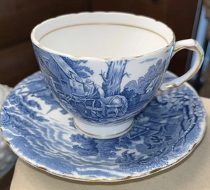 VTG Flow Blue H M Sutherland Rural Scenes Bone China Footed Cup/Saucer - Picture 1 of 9