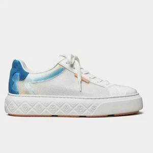 Tory Burch Ladybug Leather Sneakers Trainer White Iridescent Coral Blue Low US 7 - Picture 1 of 19
