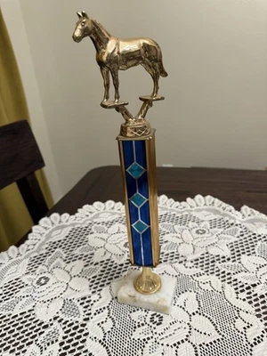 Vintage Mid-Century Horse Trophy, Teal&Blue column, Marble Base - made in Italy - Image 1 of 4