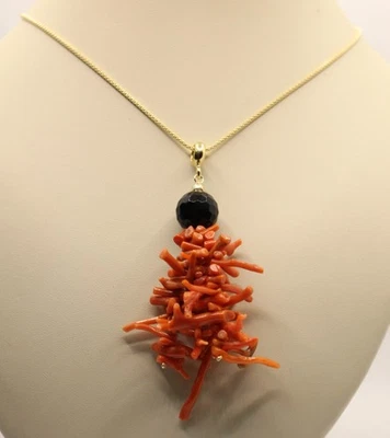 CIONDOLO RAMI CORALLO ROSSO NATURALE ONICE NERA SFACCETTATA COLLANA ARGENTO - Immagine 1 di 4