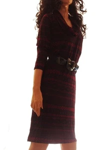 Abito donna manica 3/4 bordeaux nero cintura elasticizzato spandex sm medio grande NUOVO - Foto 1 di 2