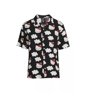 Sanrio Hello Kitty Short Sleeve Button Up Men’s Black White Shirt Size L (42-44) - Picture 1 of 4