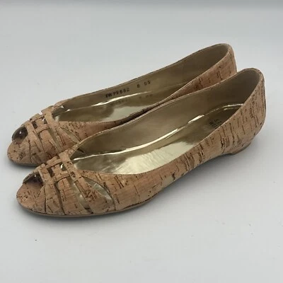 Stuart Weitzman Shoes Womens 8 SS Faux Cork Ballet Flat Tan Open Toe Slip On - Image 1 of 4