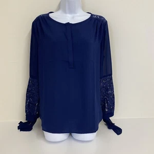 IMAN Global Chic Blouse Navy Blue Medium Lace Cutout Shoulder Sleeves Top Shirt - Picture 1 of 9