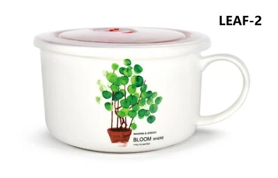 Cuenco de fideos de cerámica para microondas con mango y sello porcelana fina hoja verde  Foto 1 de 4