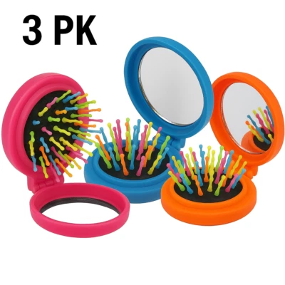 3 Pack Folding Hair Brush with Mirror Compact Travel Size, Ideal for Purse - Image 1 of 4