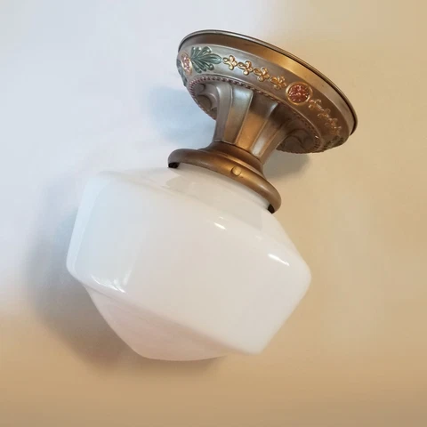 VINTAGE Art Deco Flush LIGHT FIXTURE, Polychrome, 1930's Schoolhouse Globe Cover