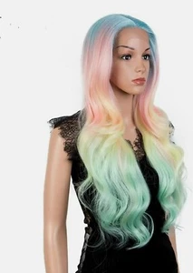 13x4 Lace Front Wig HD Transparent Rainbow Multicolor Human Hair Blend mermaid - Picture 1 of 5