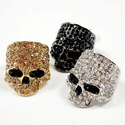 Skull Ring Chino Antrax Crystal Rock Gold Silver Black Biker Jewelry Women Men - Image 1 of 4