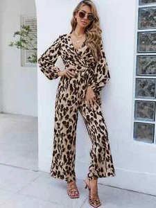 Leopard Print Surplice Neck Long Sleeve Belted Jumpsuit/Romper Size Medium NEW - Picture 1 of 7