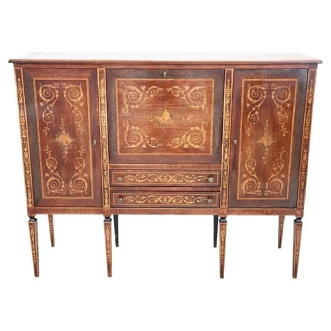 Spectacular Italian Louis XVI Style Inlaid Walnut Sideboard with Bar Cabinet Cover