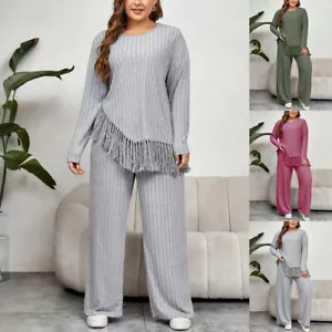 PLUS SIZE ⭐ 2PCS Womens Ribbed Tassels Tops Pants Set Loose Home Lounge Wear US - Picture 1 of 20