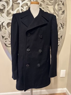 US Navy Military Pea Coat 100% Wool Enlisted Overcoat Men 38L Black USA - Image 1 of 4