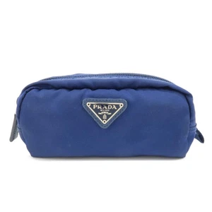 PRADA Triangle Logo Nylon Leather Cosmetic Pouch Blue 1N0175 Authentic Used F/S - Picture 1 of 22