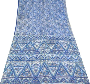 Sushila Vintage Blue Scrap Saree Pure Silk Printed Animal Bird Sari Craft Fabric - Picture 1 of 9
