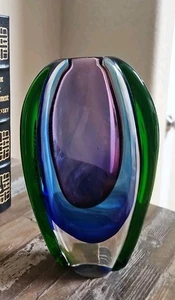Fifth Ave Kunstglas lila grün Vase mundgeblasen Lagenglas Sommerso Stil  - Bild 1 von 5